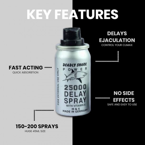 Deadly Shark Power 25000 Delay Spray | 45ml | Desensitizing Last Longer Discreet Timing Prolong Climax PE for Men